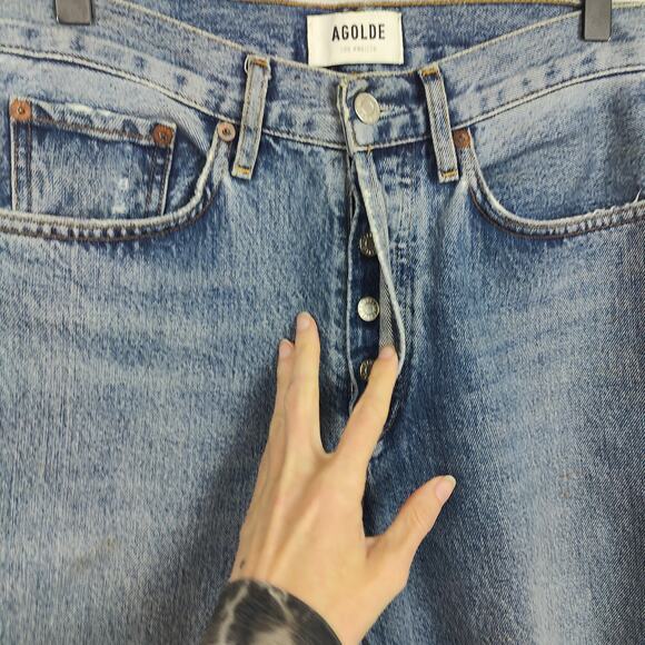 Agolde Lana‎ Straight Jeans Womens 25 Backdrop Knee Rips Medium Wash Organic - Picture 3 of 9